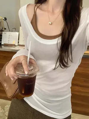 Tencel Skin-Friendly White Low Round Neck Bottoming Shirt Pure Lust Sexy Long-Sleeved T-Shirt Women's Autumn New Slim Inner Top