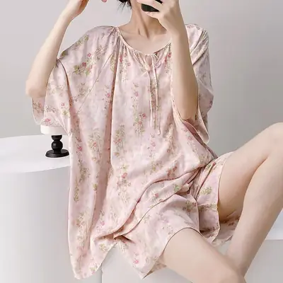 New Summer Cotton Silk Loose Pajamas for Women Summer Thin Women's Artificial Cotton Long-Sleeved Lazy Short-Sleeved Suit Home Clothes