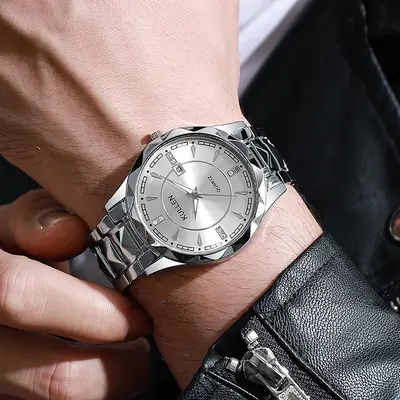 Men's Stainless Steel Calendar Watch with Chain Strap