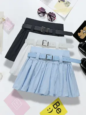 Blue Pleated Belted Skirt for Women Summer