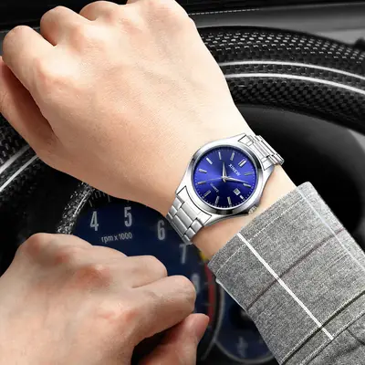Men's Stainless Steel Band Date Quartz Watch Blue Dial