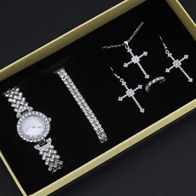 Diamond Cross Jewelry Set for Women Quartz Watch