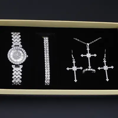 Diamond Cross Jewelry Set for Women's Watch & Earrings