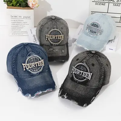Women Distressed Denim Cap with "Pourteen" Embroidery