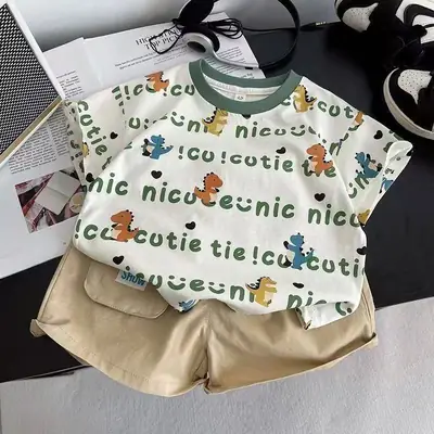 Children's Dinosaur Print Cotton T-Shirt Round Neck