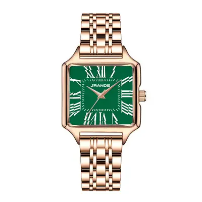 Women's Green Square Watch with Gold Band