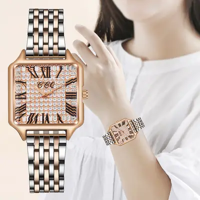 Women's Rose Gold Roman Numeral Watch with Diamond Band