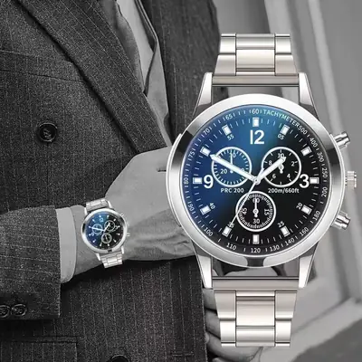 Men's Blue Light Glass Chronograph Watch with 6-Pin Steel Band