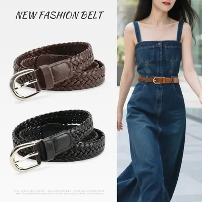 Black Retro Woven Women's Belt with Jeans Dress