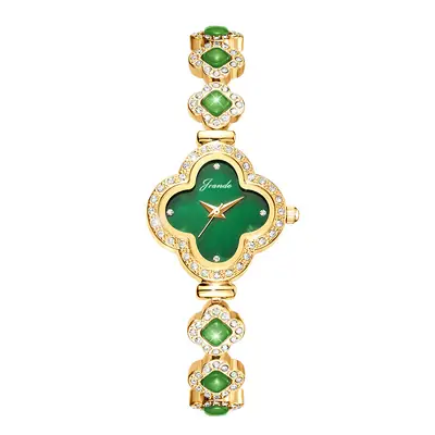 Women's Four-Leaf Clover Bracelet Watch with Green Gemstones