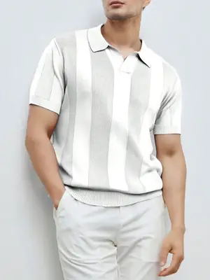 Men White Striped Jacquard Polo Shirt Cut Out