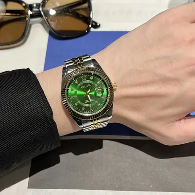 Luxury Men's Green Dial Swiss Watch Stainless Steel Strap