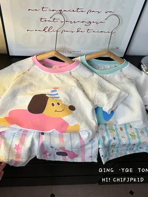Children's Summer Home Clothes Set, Boy's Color-Blocked Cloud Cotton Pajamas, Baby Girl's Short-Sleeved Shorts, Thin Air-Conditioned Clothes