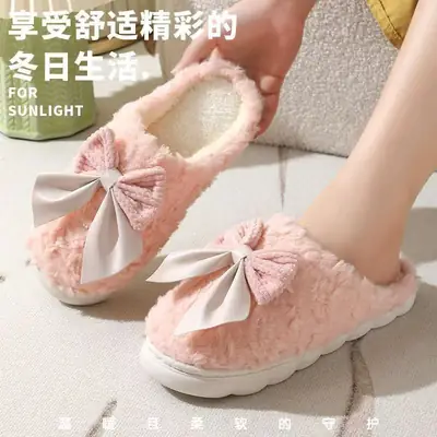 Cross-Border Bow Cotton Slippers for Women in Autumn and Winter Indoor Thick-Soled Non-Slip Warm Home Cute Confinement Slippers Customized