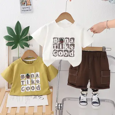 Kids Cotton T-Shirt Brown Shorts Set Summer New Korean Style