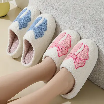 New Winter Home Cute Cartoon Bow Cotton Slippers for Men and Women Couples Warm Indoor Cotton Slippers