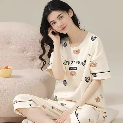 Summer Women's Pajamas Short-Sleeved Cropped Pants Cardigan Suit Loose and Simple Summer Wearable Home Clothes Wholesale