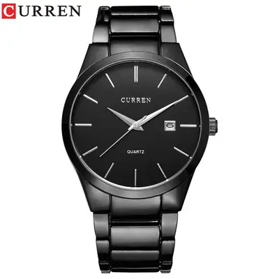 Men's Black Quartz Steel Band Watch with Calendar