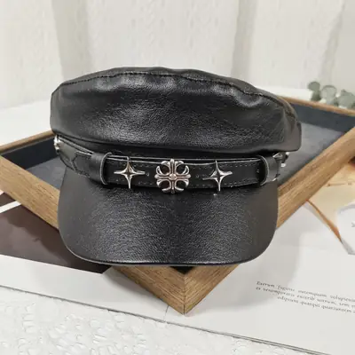 Navy Diamond Encrusted Women's Flat Cap Hat
