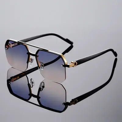 Men's Square Half Frame Sunglasses Black Anti-UV Metal