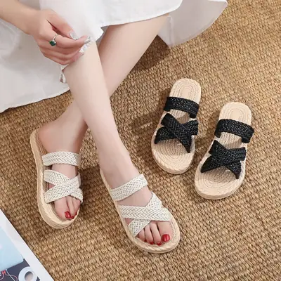 Summer Imitation Straw Travel Women's Sandals, Fashionable and Casual Outer Slippers, Beach Flat Heel Cross Women's Sandals