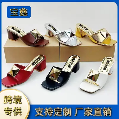 French Retro Square Toe High Heel Sandals Black