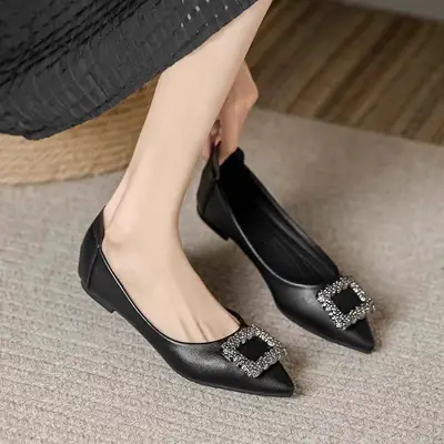 Black Square Buckle Flat Women's Shoes
