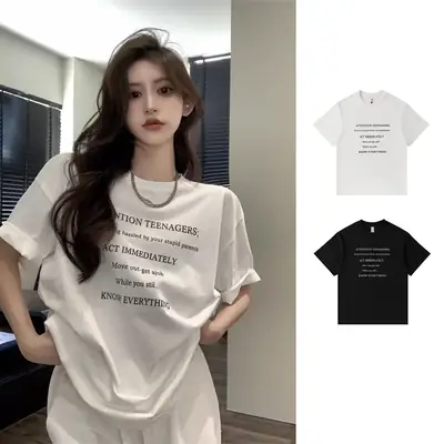 Letter Print Short Sleeve Women's Summer New Hong Kong Style T-Shirt Casual Loose Ice Silk Cool Feeling Top with Ice Silk Texture