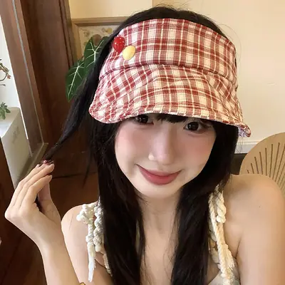 Japanese-Style Plaid Visor Hat for Women Summer Sunshade Cap