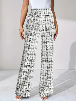 Women Woven Plaid High Waist Pants Spring Summer Autumn
