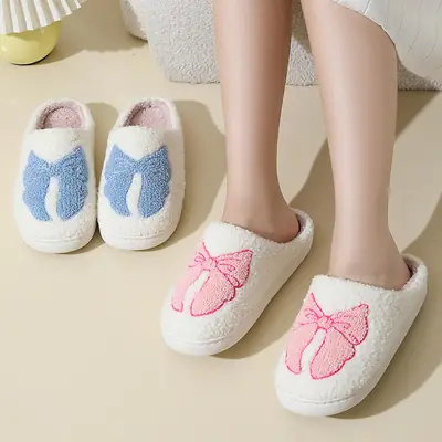 New Winter Home Cute Cartoon Bow Cotton Slippers for Men and Women Couples Warm Indoor Cotton Slippers
