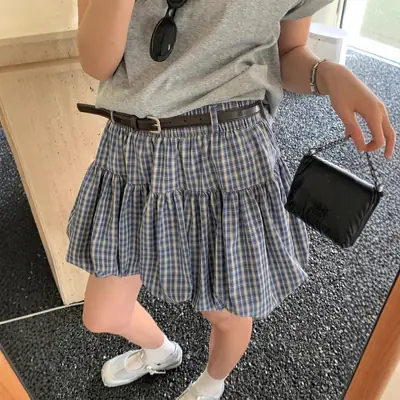 Korean Plaid Puffy Skirt 2025 Summer High Waist