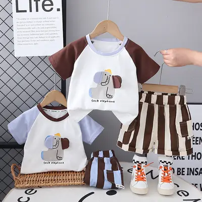 Children Summer Suit Cartoon Raglan Sleeve Thin Short-Sleeved T-Shirt Baby Stripesd Shorts Korean Style Two-Piece Set