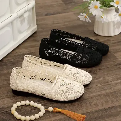 Lace Hollow Women's Flat Shoes Non-Slip Soft Soled