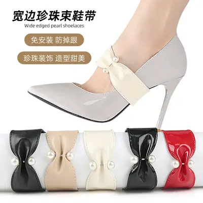 Wide-Edge Pearl Elastic Shoelaces for High Heels, Flats, Sandals, Anti-Slip Heel, Cotton Installation Fixed Flat Shoelaces for Slippers