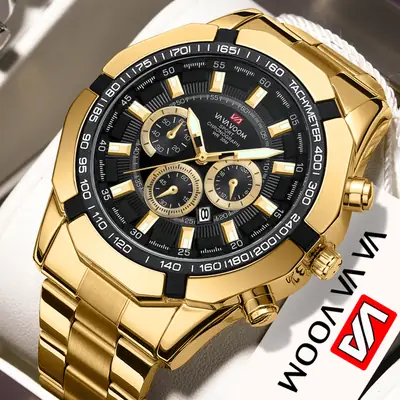 Men's Gold Chronograph Watch with Calendar & Stainless Steel Band