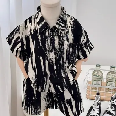 2026 Boys Summer T-Shirt Set Black White Striped Short Sleeve