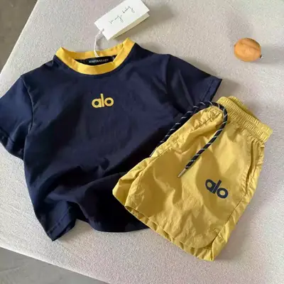 2025 New Kids Shorts Set Navy Yellow Contrasting Two-Piece