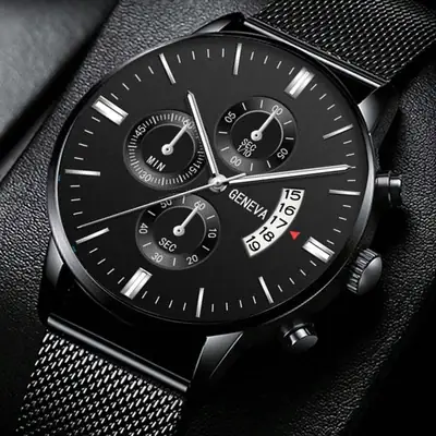 Men's Black Chronograph Watch with 3-Eye Calendar & Quartz Belt