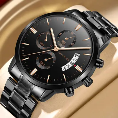 Men's Black Stainless Steel Chronograph Watch with Calendar