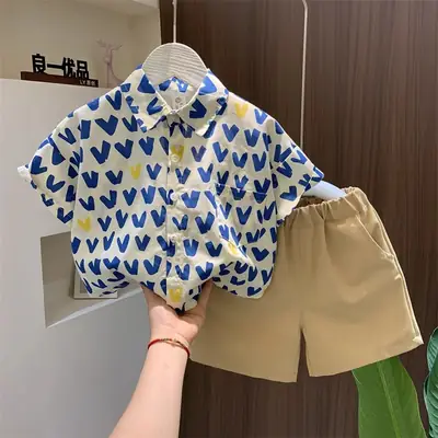 Boys Heart Print Short Sleeve T-Shirt Blue Yellow