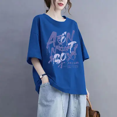 European Goods 100% Cotton Short-Sleeved Large Size Summer T-Shirt Loose Simple Printed Slimming Look Cover-Up Foreign Style Top Outer Wear