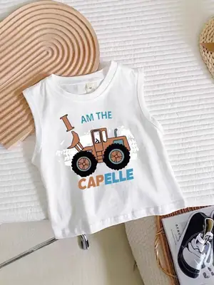 Boys Sleeveless Cartoon Excavator T-Shirt White