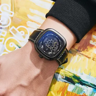 Punk Square Watch for Men with Blue Dial & Belt Strap