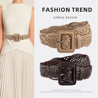 Hand-Woven Women's Wide Belt Tan Braided Belt