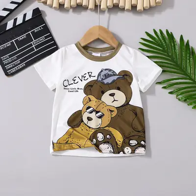 Kids White Cotton Bear Print T-Shirt Summer Casual