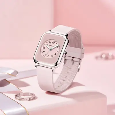 Women's Pink Square Quartz Watch with Water Resistant Band