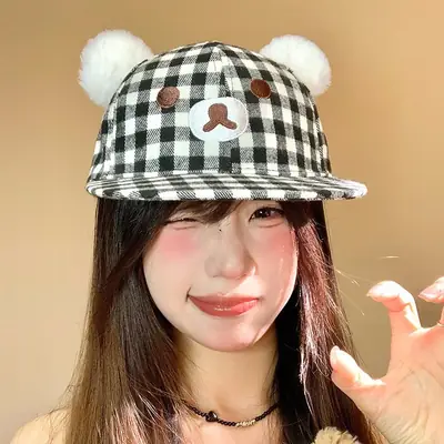 Japanese Style Bear Ear Plaid Hat for Women