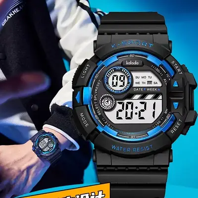 Men's Waterproof Digital Alarm Clock Watch Black Blue