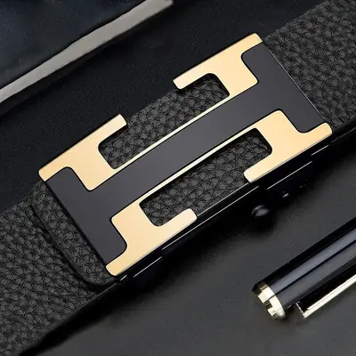 Men's Black H- Buckle Belt with Gold Plated Finish